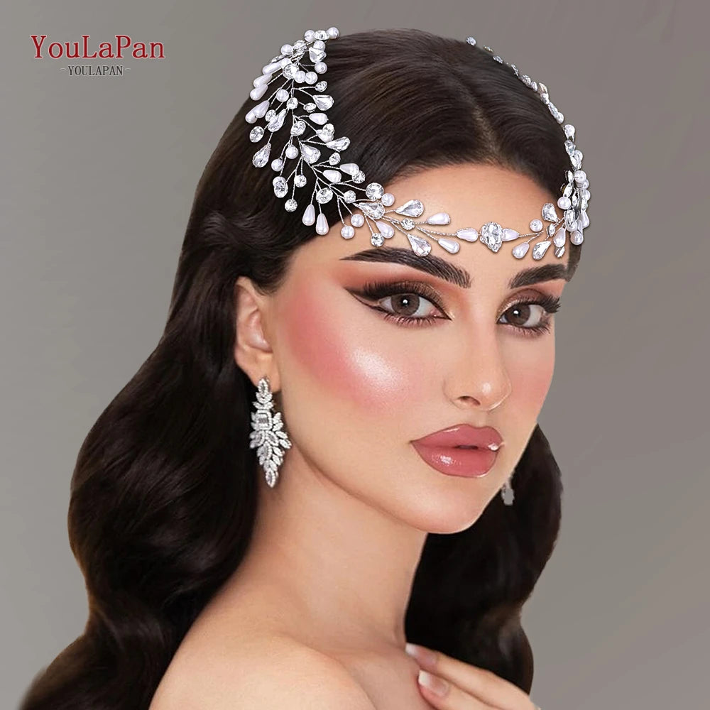 YouLaPan Rhinestone Wedding Forehead Headband Pearl Women Headdress Bridal Head Jewelry Tiara Bridesmaid Hair Accessories HP835