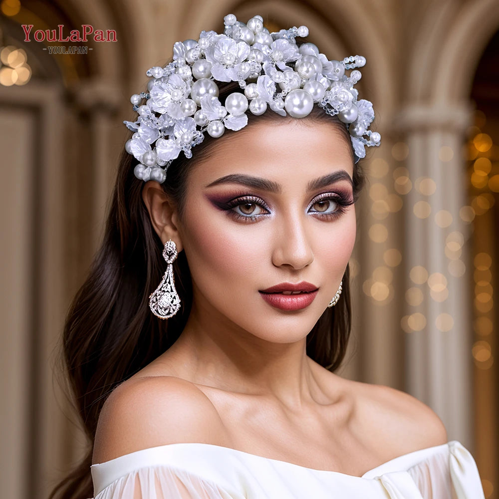 YouLaPan Luxurions Wedding Flower Head Hoop White Color Pearl Bride Headband Banquet Party Women Headwear Hair Accessories HP809