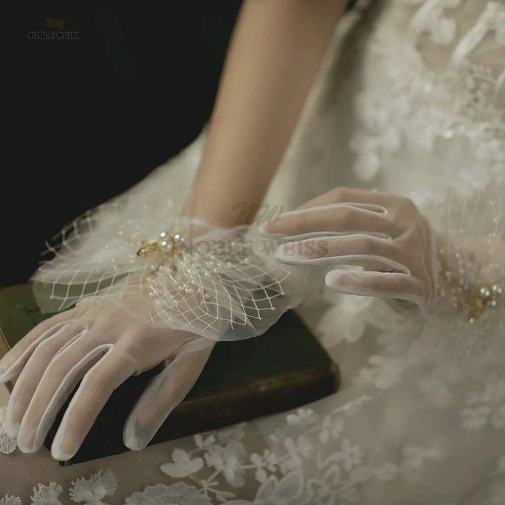 Women Wedding Bridal Short Gloves Net Full Finger See Through Beaded Wrist Length Costume Prom Party Gloves Customized