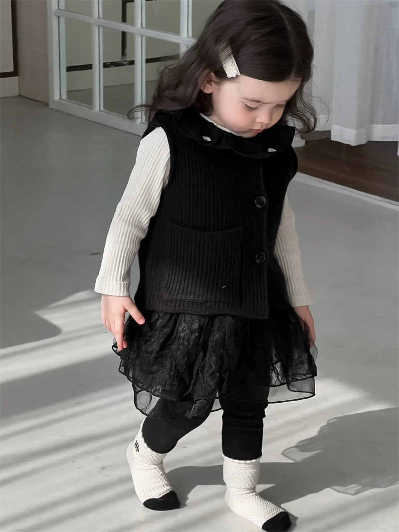 2024 herbst Neue Baby Mädchen Ärmellose Strickweste Infant Mädchen Stricken Strickjacke Kleinkind Pullover Weste Baby Spitze Leggings Kinder Kleidung