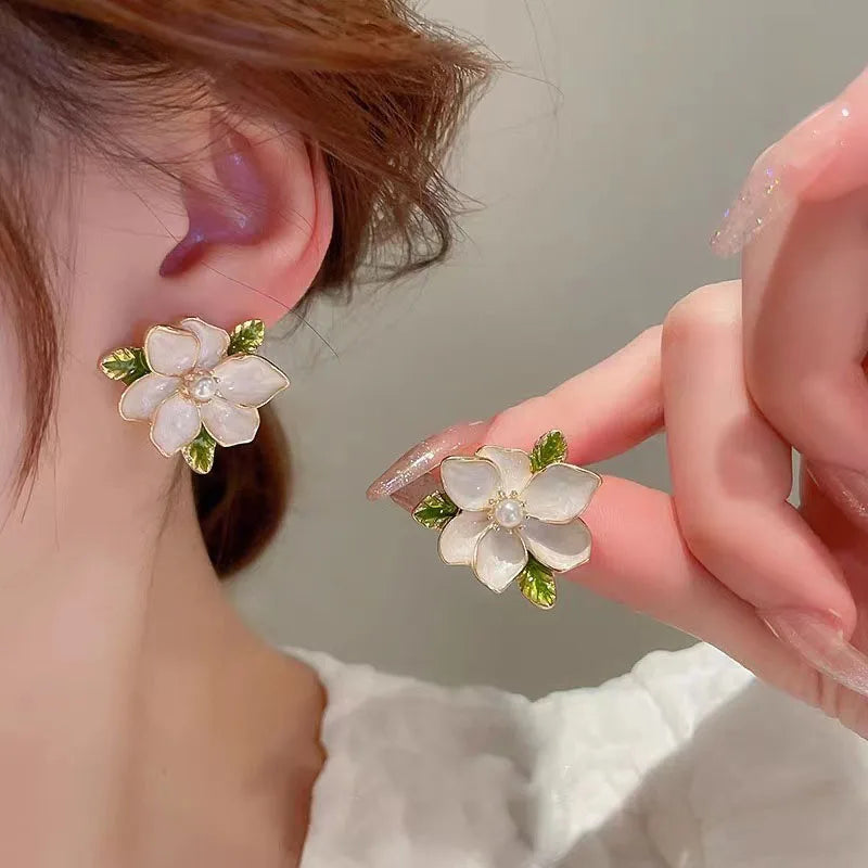 925 Silver Needle Korean Vintage Oil Painting Pearl Flower Earrings For Women Jewelry 2024 Trending New Luxury Women's Earrings