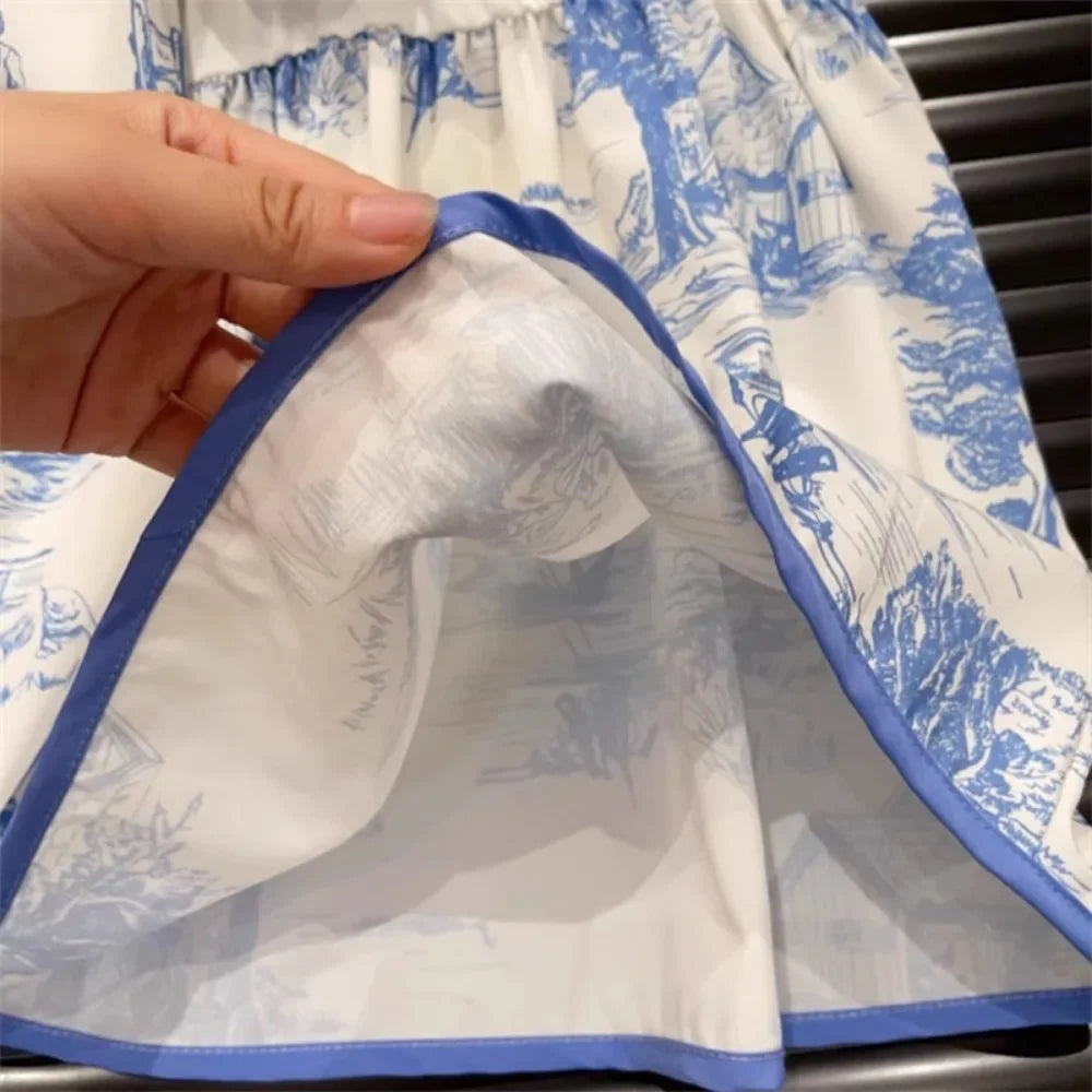 3-7 Years Summer Girls Clothes Set Blue Printed Jacket + Small Suspender Dresses Two-piece Set