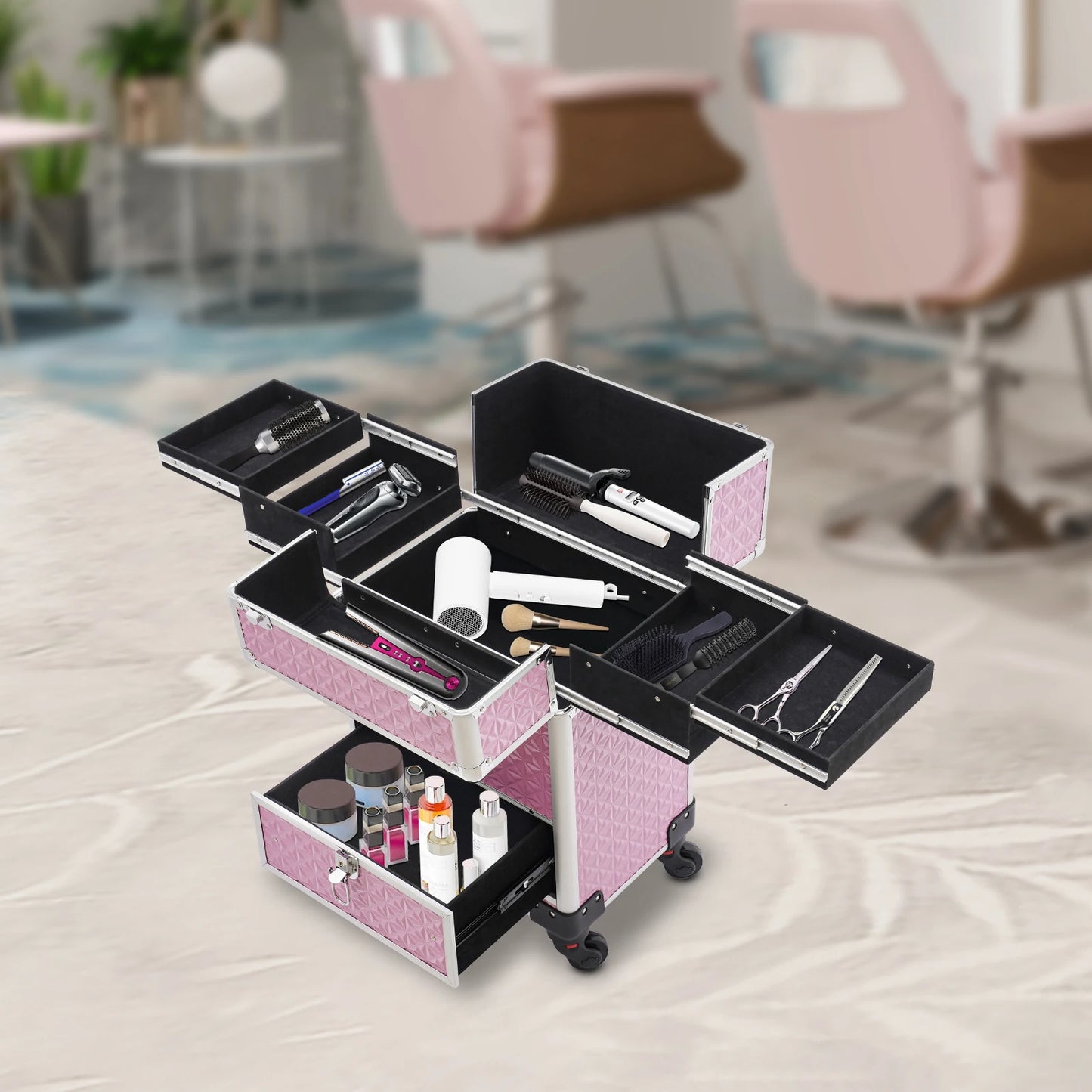 Rolling Nail Case Wheeled Manicure Storage Case Polish Organizer Professional Makeup Trolley for Studio or Travelling