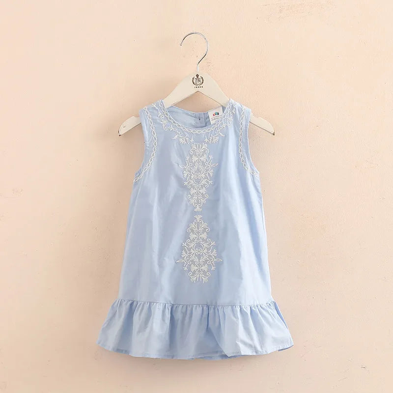 Summer 2-10 Years Brief Lace Embroidery Flower Floral Cotton Flounce Tank Sundress Sleeveless Kids Girls Dress