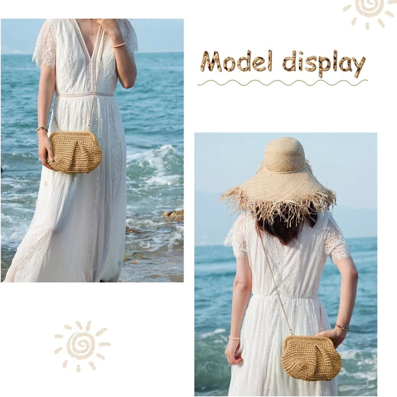 NEW-Straw Purse For Women Cloud Dumpling Pouch Straw Crossbody Shoulder Handbag Summer Beach Woven Bag