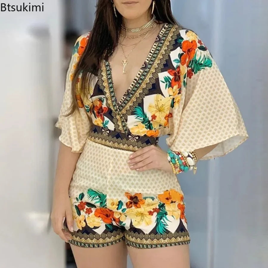 2025 clothes Women's Casual Jumpsuits Elegant Floral Print Overalls Summer Deep V-neck 3/4 Sleeve Rompers Ladies' Clothes Mujer Outfits