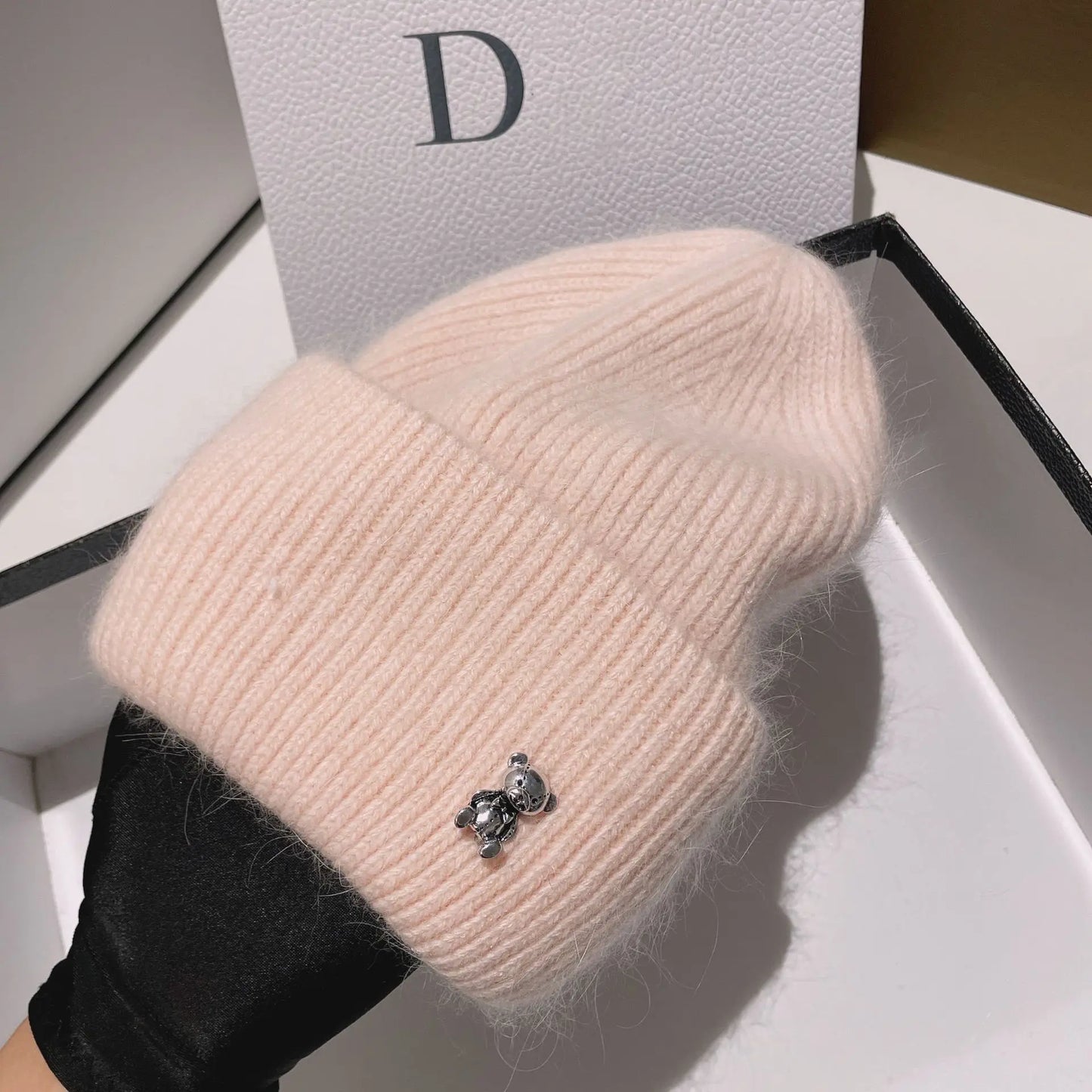 Luxus Cut Bear Echtes Kaninchenfell Strickmützen für Frauen Winter Warme Mütze Lässige Lady Beanie Walking Bonnet Wolle Skullies Caps