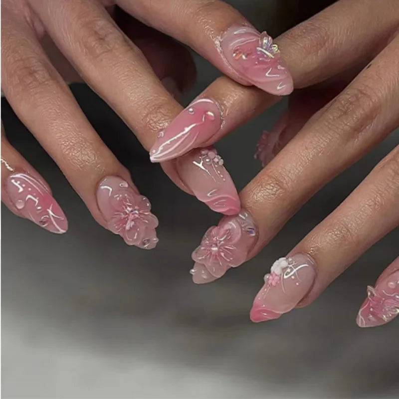 24pcs Summer Fake Nails Press on Almond Wearable 3D Butterfly Flower Short Almond False Nails Smudging Bubble Bead False Nails