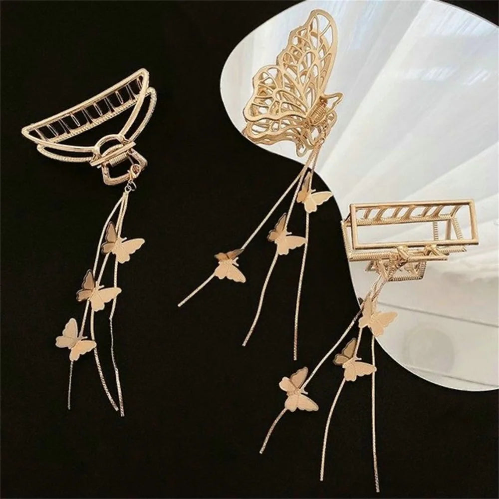 Temperament Hollow Butterfly Hair Claws Nonslip Elegent Golden Clips With Butterfly Tassel Hairband Hair Accessories