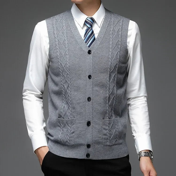 Men's Business Casual Pullover Wear Warm Sleeveless Velvet Knitted Sweater Vest Tops