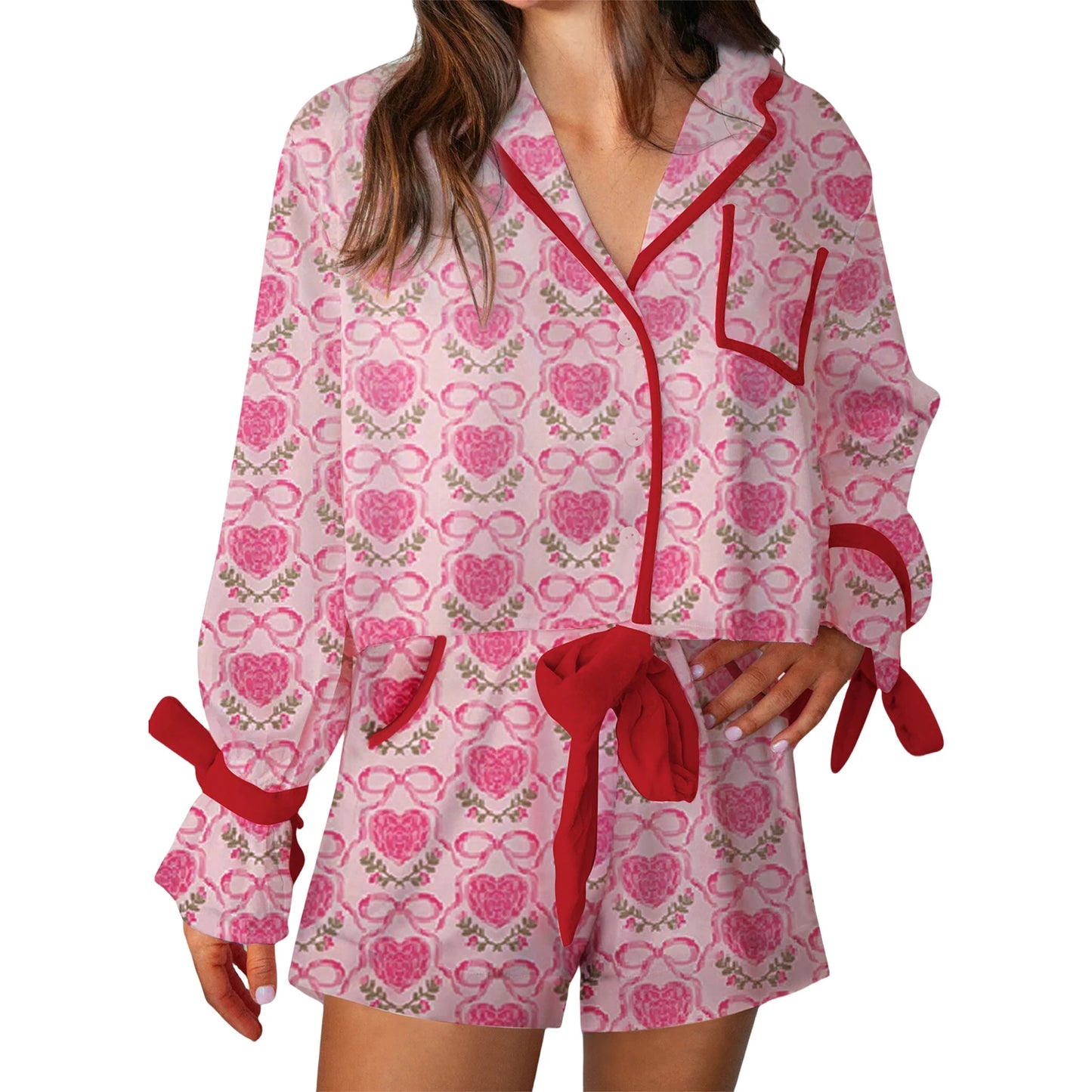 Women s Valentine s Day Lounge Set Long Sleeve Heart Print Shirt Drawstring Shorts Sleepwear