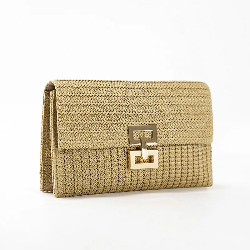 Fashion Straw Clutch Bag for Women Lock Box Paper Woven Bag Casual Summer Beach Bag Bali Travel Handbags Female Purses 2023