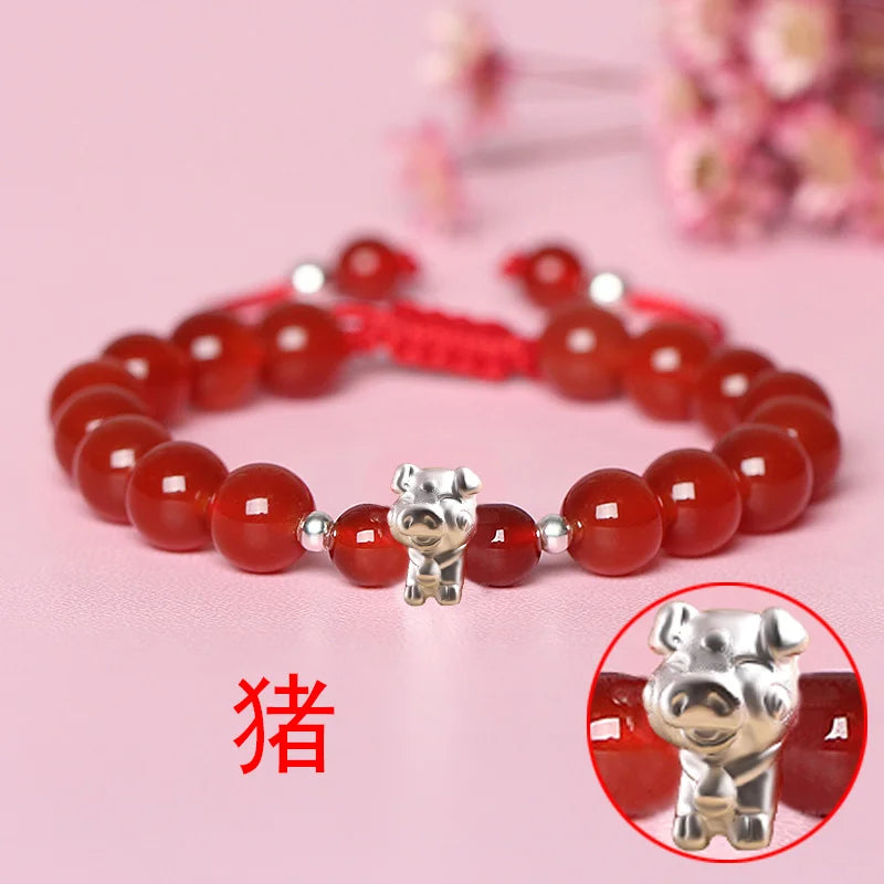 Sterling Silver Red Rope accessories for Women and Men Korean Version of Simple Transfer Bead the Year to the Dog Student Lovers Bracelet