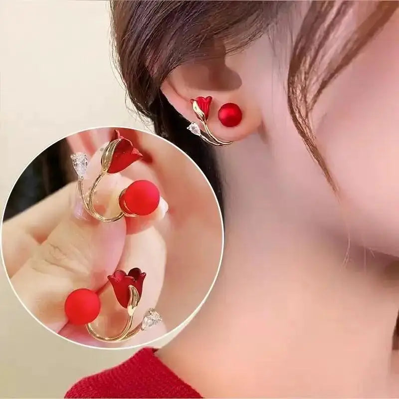 925 Silver Needle Korean Fashion Crystal Heart Earrings For Women Jewelry 2024 Trending Women's Red White Pearl Drop Earrings