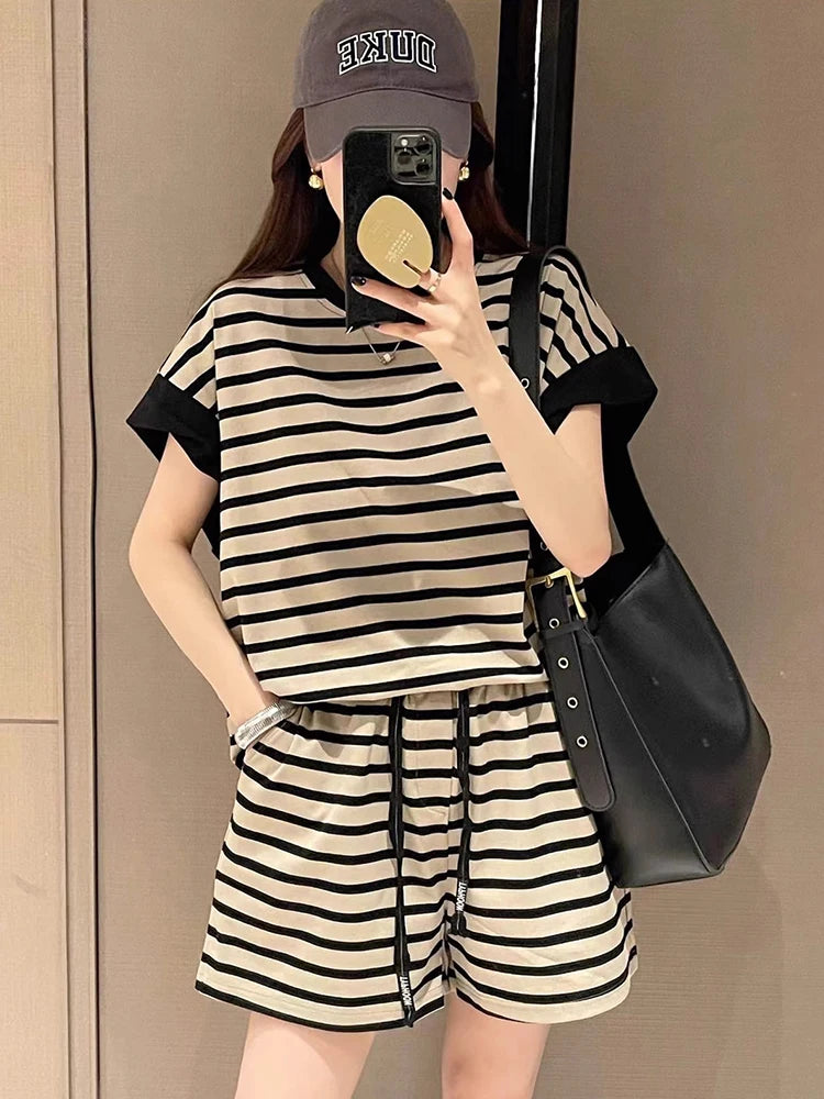 Fashion Striped Short Sleeved T Shirts Shorts 2 Piece Sets Women Outfit Summer 2024 New Casual Sports Loose Tops Pants Tracksuit