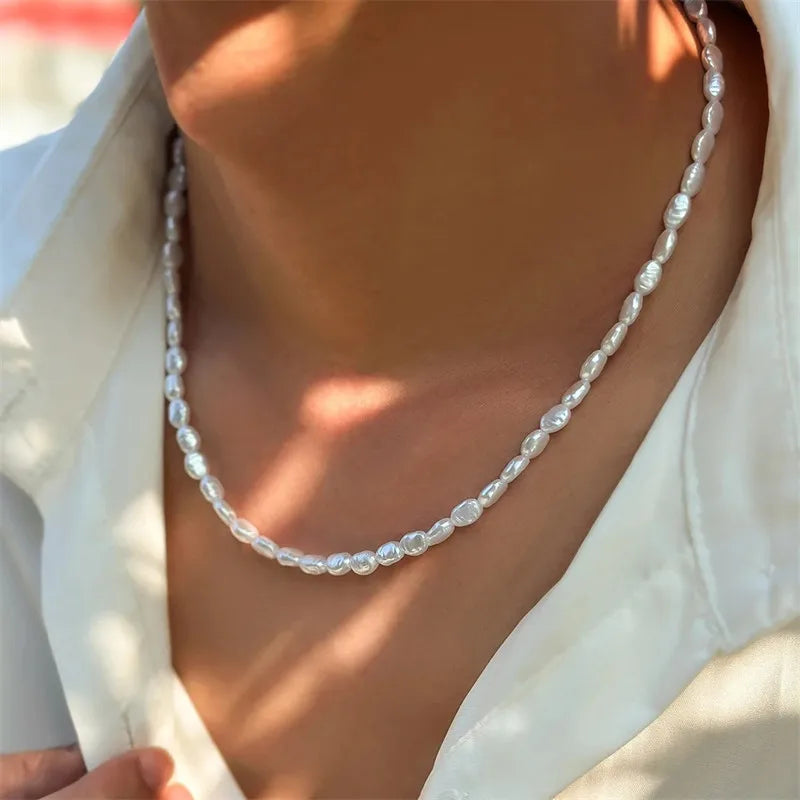 Pearl Choker Dainty Adjustable Necklace Rose Gold Plated Cultured Barque Pearl Tiny Chain Delicate Mother's Valentine Jewelry
