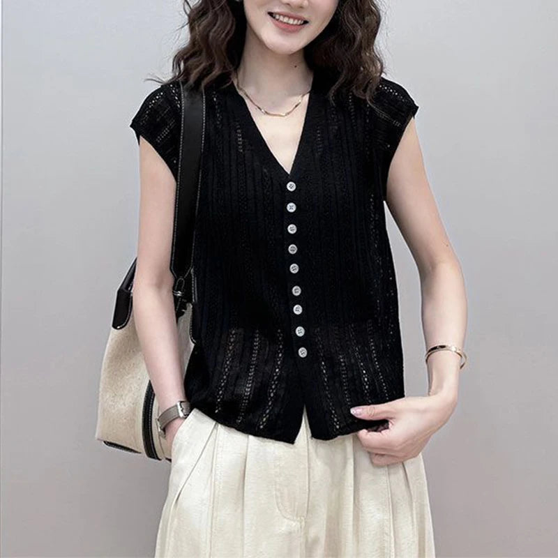 Summer Women Clothing Cardigans T-Shirts Solid V-Neck Hollow Out Fashion Versatile Loose Short Sleeve Linen Knitted Casual Tops clothes