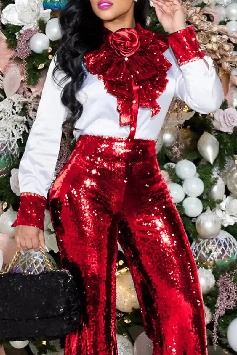 Plus Size White Daily Sequin Ruffle High Collar Long Sleeves Blouses