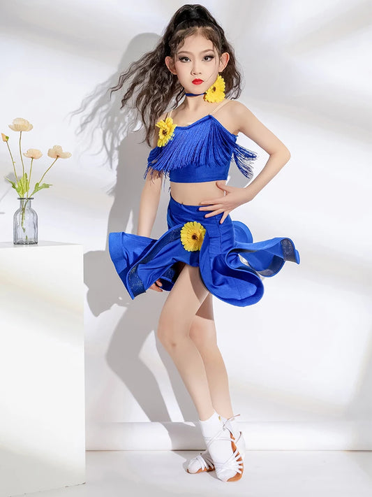 Latin Dance Outfit für Mädchen 2024 Neue Sommer Kinder Neue Floral Praxis Wettbewerb Kleidung