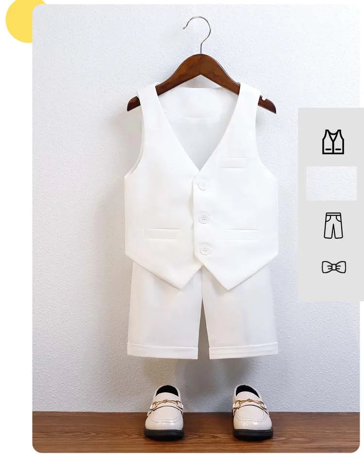 Kids Cool Vest Shirt Shorts Bowtie Ceremony Costume Boys Silm Fit Wedding Dress Chilren's Host Performance Costome