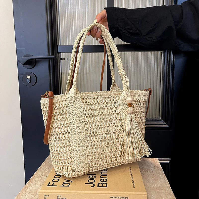 Summer Straw Bag Women Large Capacity Shoulder Messenger Bags Handmade Woven Handbag Bohemia Vacation Rattan Beach Purse 2024