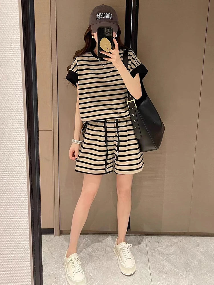 Fashion Striped Short Sleeved T Shirts Shorts 2 Piece Sets Women Outfit Summer 2024 New Casual Sports Loose Tops Pants Tracksuit