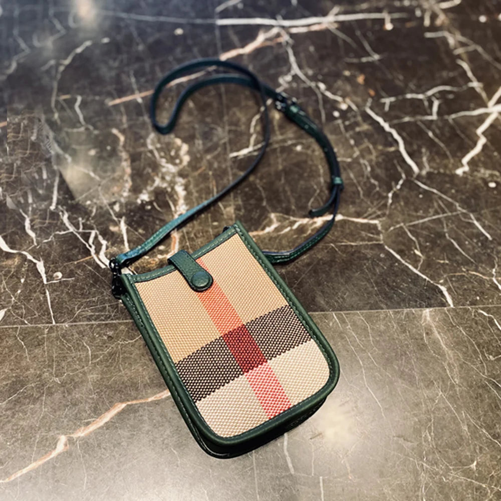 Small Women's Bag Luxury Stripes Check Canvas Leather Mobile Phone Crossbody Bag Retro Mini Female Sling Purse And Handbag