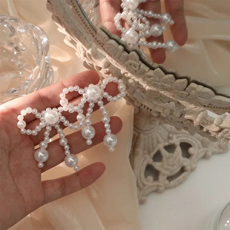 White Beaded Earrings Imitation Pearl Earrings Ear Clips Bowknot Long Tassel Pearl Clip on Earrings Non Piercing Ear Jewelry