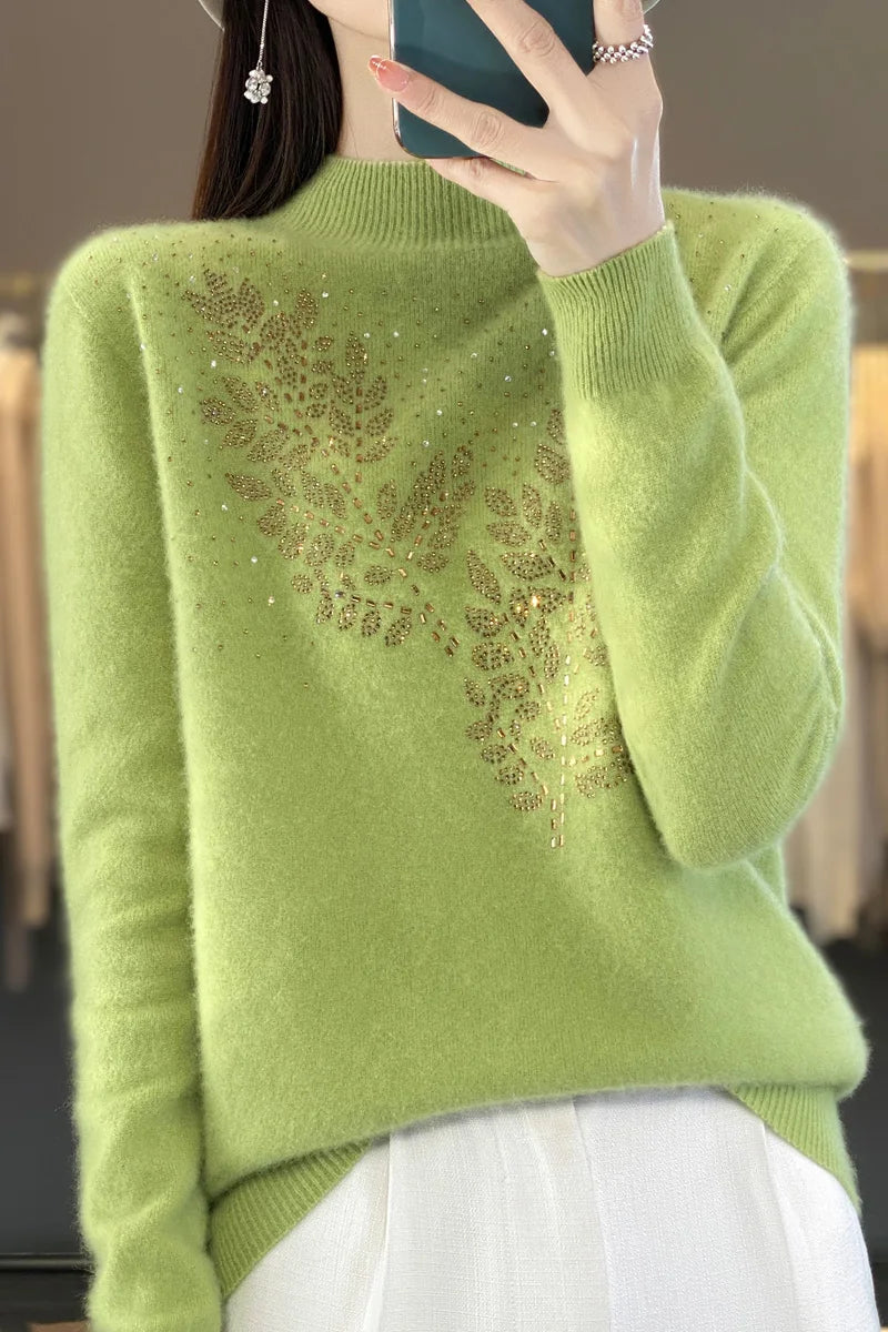 Autumn and Winter New Line ready to wear Knitted Half High Collar Leaf Diamond Women's Solid Color Simple Fashion Sweater