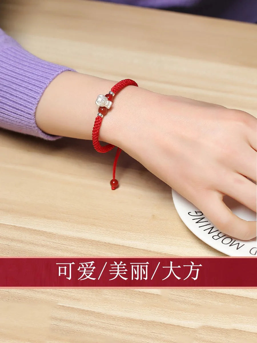 Sterling Silver Red Rope accessories for Women and Men Korean Version of Simple Transfer Bead the Year to the Dog Student Lovers Bracelet