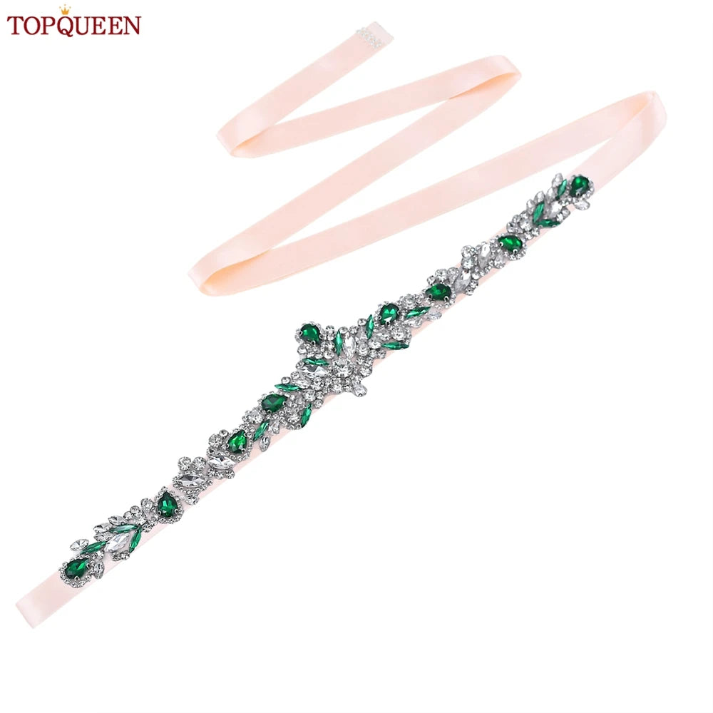 TOPQUEEN S462-KL Rhinestone Bridal Belt Wedding With Green Diamond Wedding Dress Accessories Belt Sash Party Women Dress Belt