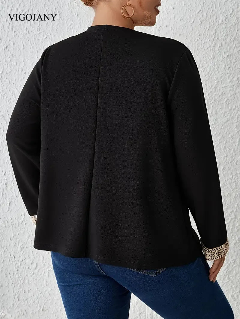 VigoJany 2025 Winter Black Plus Size Coat Women Casual Large Long Sleeve Outwear Ladies Autumn Chubby Open Stitch Curvy Clothes