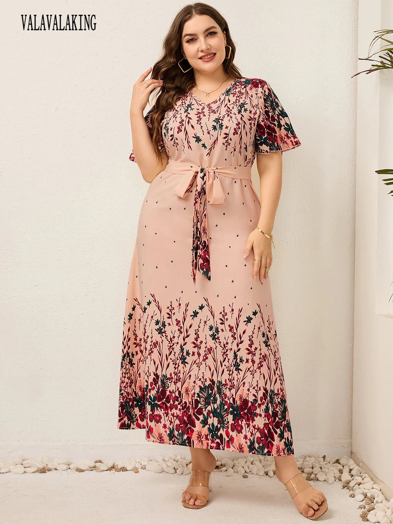 2025 Casual V-Neck Print Plus Size Dress Women Short Sleeve Lace-Up Large Midi Dress Lady Trendy Chubby Curvy Pleated Long Dress