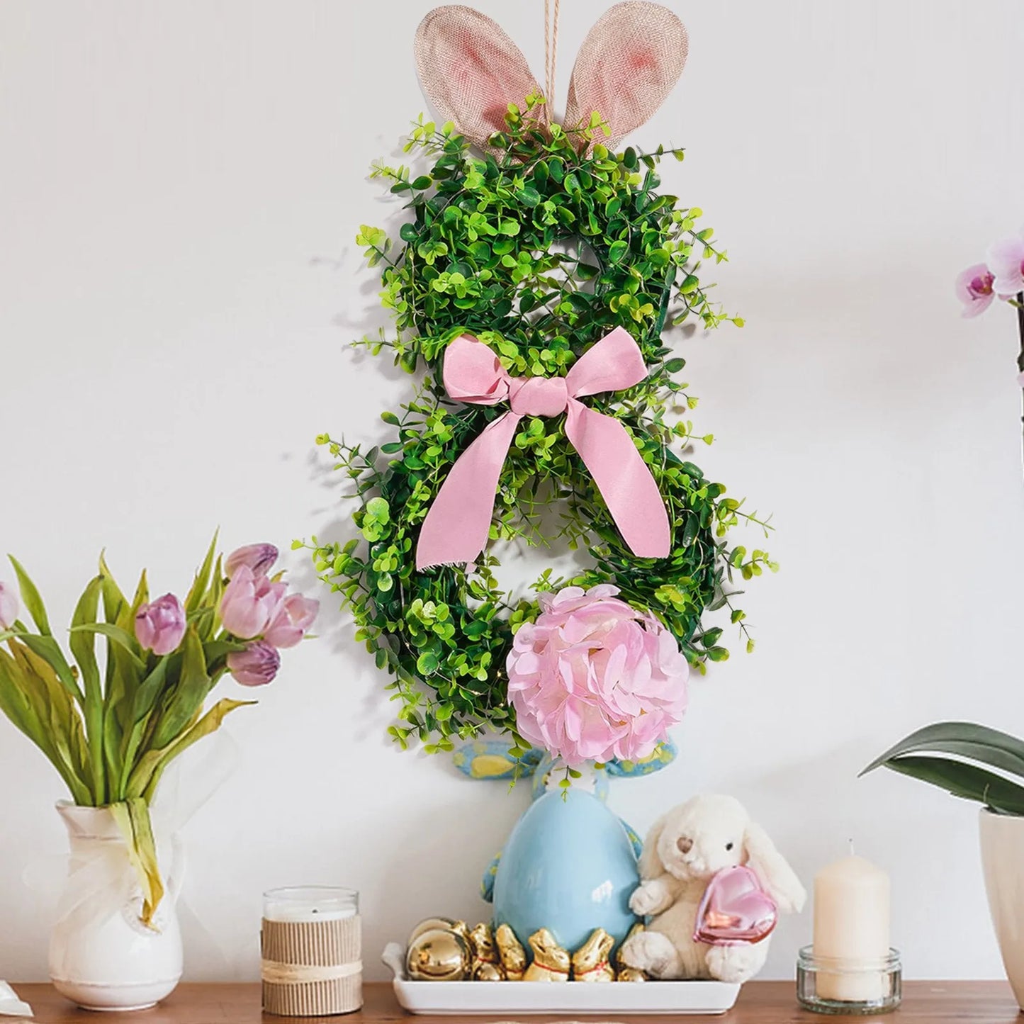 2025 New Easter Bunny Wreath Hanging Decorations Artificial Plants Rabbit Wreath Front Door Window Hanging Wreath Decorations