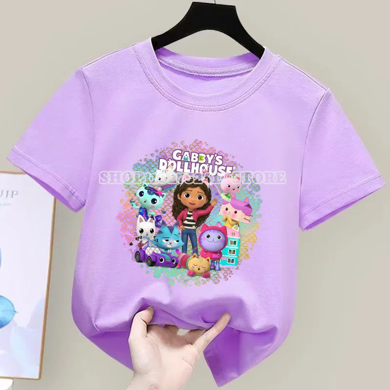 Gabby Dollhouse T-Shirt Anime Print Kleidung Mädchen Niedlich Cartoon Einfache Babykleidung Kind Lila Sommer T-Shirt Kinder Geburtstagsgeschenk