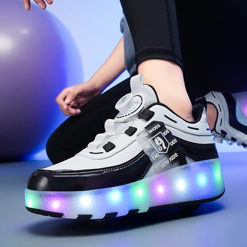 2 Wheels Dual-use Luminous Led Light USB Charging Roller Skates Sneakers For Girls Boys Students Outdoor Wheeled Sports Shoes