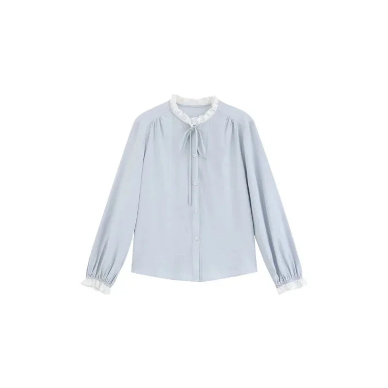 Spring Women Blue Ruffle Trim Long Sleeve Shirt French Vintage Style Loose Fit Blouse Elegant and Chic Top for Petite Frames clothes