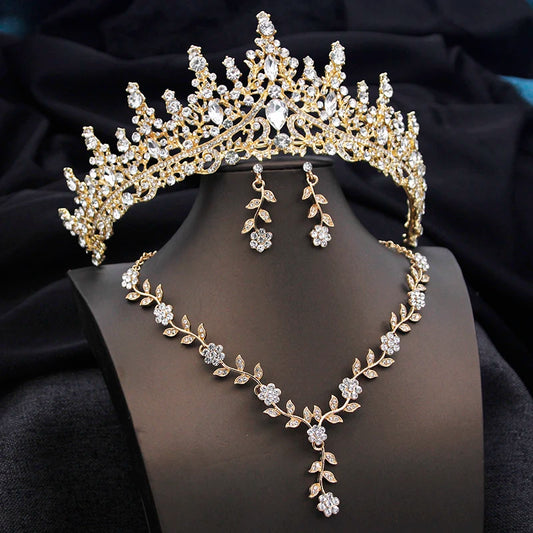 3 pcs Pink Bridal Jewelry Sets for Women Crown Flower Choker Necklace Earring Wedding Tiara Bride Costume Accessories