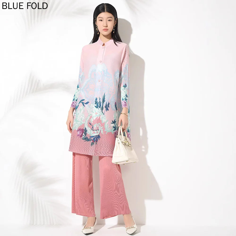 MIYAKE Women's PLEATS Print Casual Suit 2025 Spring New Fashion Stand Collar Midi Top Wide-Leg Pants Two-Piece Set Women Clothes