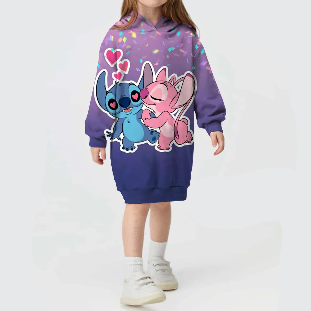 2024 Autumn and Winter Sweater Dress Christmas Disney Stitch Print Hoodie Dress Baby Girl Cute Fashion Hoodie Dress