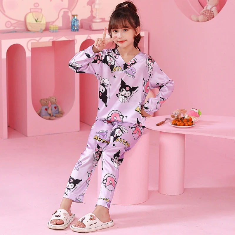 Ice Silk Long-sleeved Trousers Loose and Thin Simulated Silk Home Clothes Pajama Pyjamas Sleepwear Robe Children's Clothing Kids