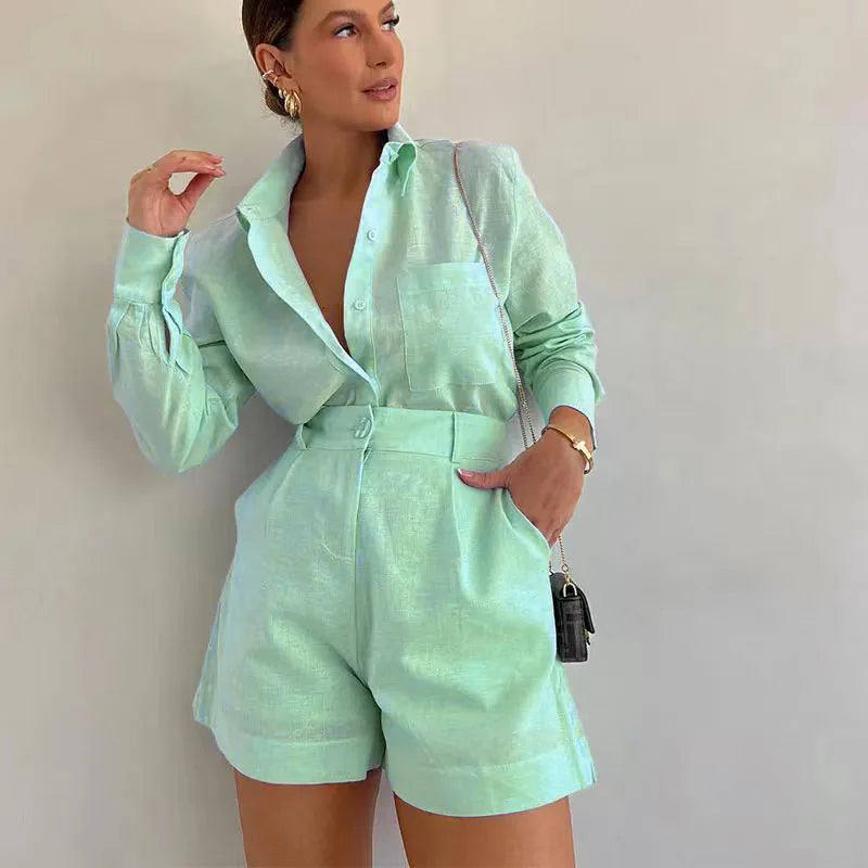 Fashion White Long Sleeve Shirt And Shorts Two Piece Sets Women 2024 Summer Casual Loose Home 2 Piece Set For Women Outfits