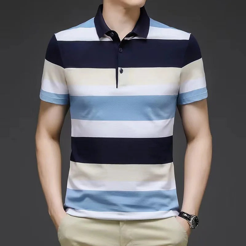 Men's Polo Shirts Korea Man Golf Shirts Summer Striped Print Button Clothing Business Style Male Streetwear Short Sleeve T-Shirt