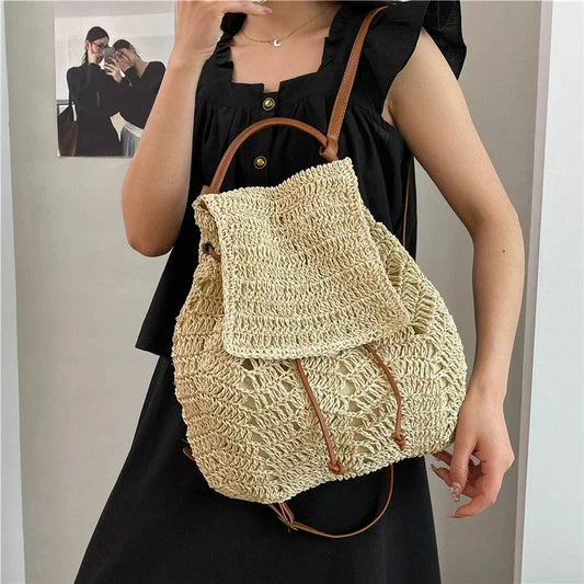 Handmade Woving Women's Backpack Beach Shoulder Bag For Ladies Designer Straw Handbag Travel Anti Theft Backbag Crossbody Purse