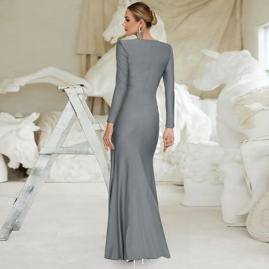 Luxury High Waist Folds Long Gray Dresses Women Long Sleeve Curvy Party Evening Dress Gowns Formal Occasion Solid Robe Winter
