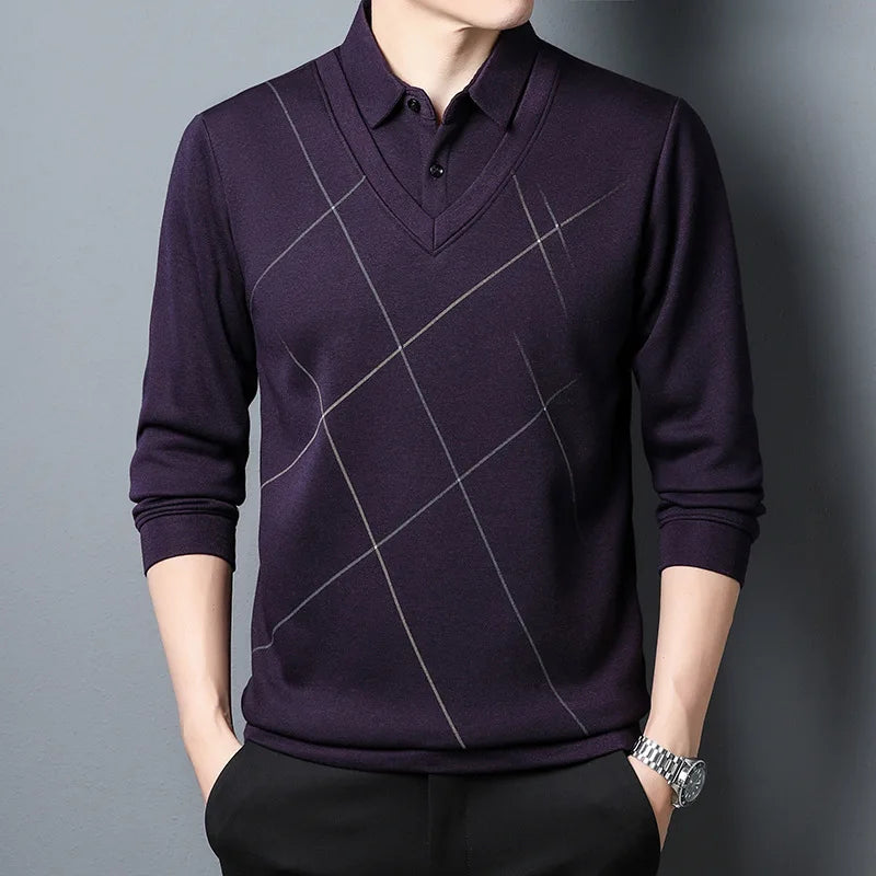 Spring Autumn New Fashion Printing Fake Two Pieces Polo Shirts Men's Clothing Long Sleeve Casual Loose Bottom Layer Shirt Tops