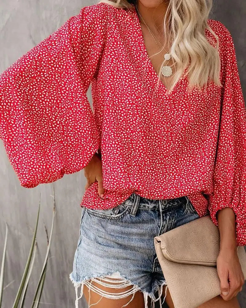 2025 Women's clothes New Arrival Hot Selling Spring And Summer V-neck Casual Printed Lantern Sleeve Shirt Ladies Clothes Fashion Shirts