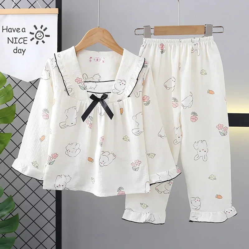 New Girls Cute Bowknot Heart Cartoon Rabbit Pajamas Long Sleeve V-neck Sleepwear Kids Spring Summer Casual Clothing Sets Pyjamas