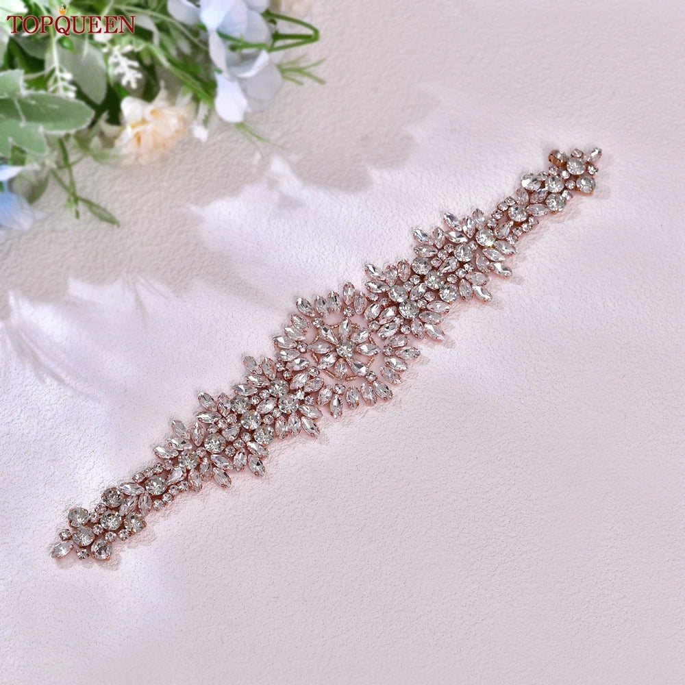 TOPQUEEN S319-RG Rose Gold Belt Full Rhinestone Ladies Wedding Party Stones Sash Women Dress Bride Accessories Gown Applique