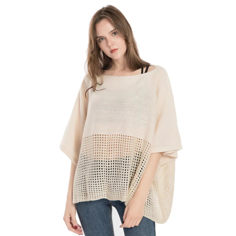 Women Spring Autumn Shawl Lady Knit T-shirt Hollow Out Wrap Solid Color Pullover Loose Sweater Fall Poncho Wholesale Drop Ship
